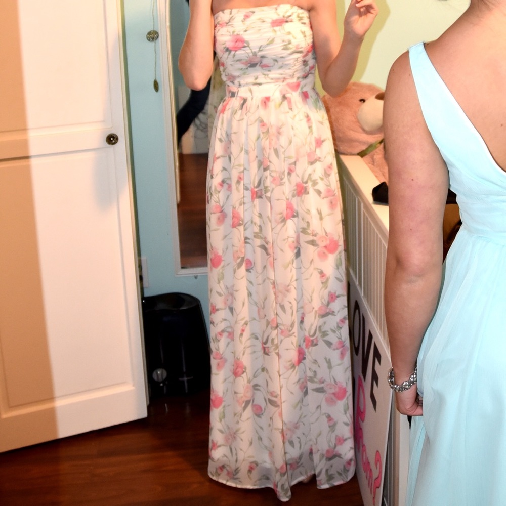 Full length, strapless, floral pattern prom dress